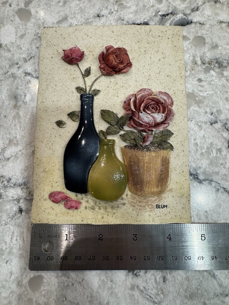 Blum Ceramic Raised Relief Floral Art Tile Rectangular Wall Decor 8x6in