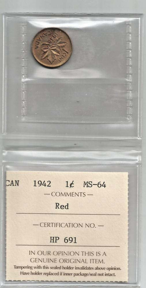 1942 Canadian Small Cent (penny) ICCS MS64 Red