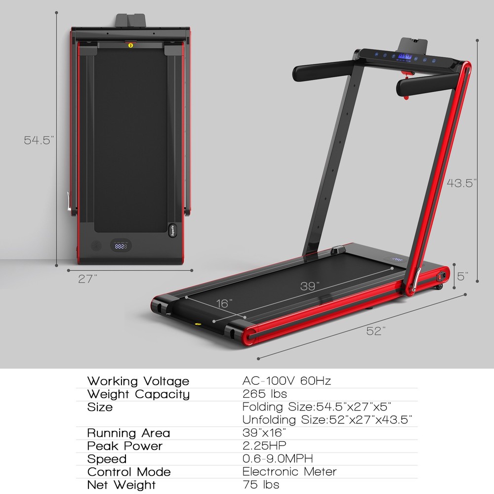 2-in-1 Folding Treadmill 2.25HP Jogging Machine Dual LED Display Red