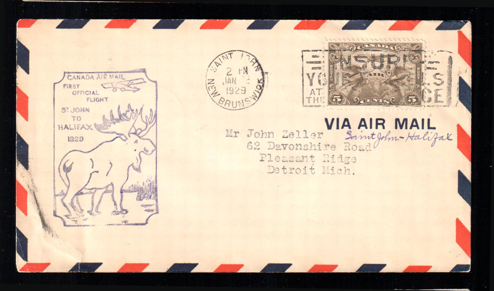 Canada 1929 First Flight Cover St. John to Halifax