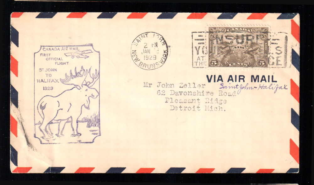 Canada 1929 First Flight Cover St. John to Halifax