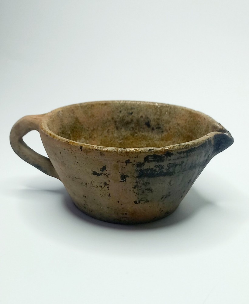 Antique clay cup with handle and spout - Handmade ceramic tableware.