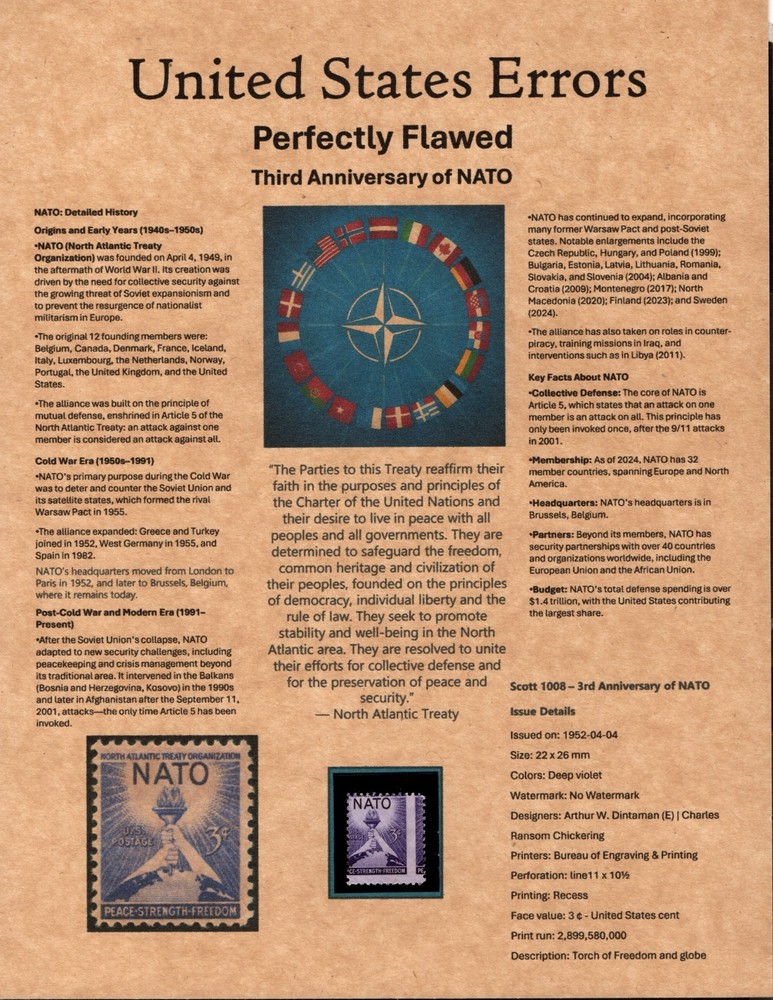 Perfectly Flawed SN 1008 MNH - Misperf on Presentation Panel 8.5” X 11”
