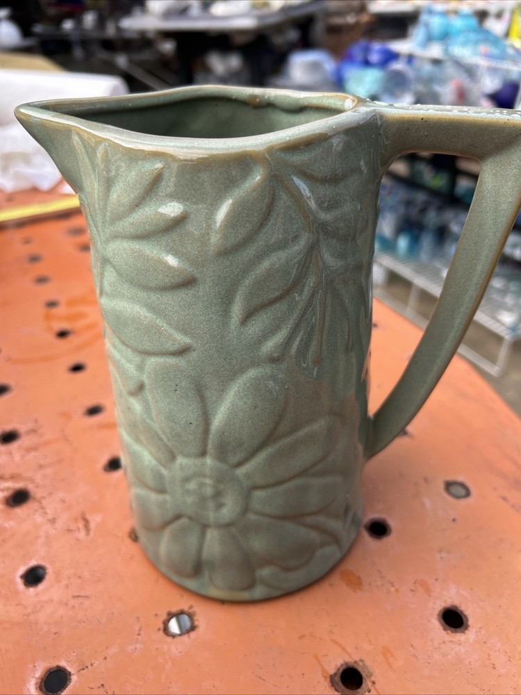 7.5” Home Interiors Green Ceramic Pitcher.