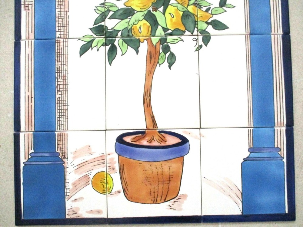 Hand Painted Ceramic tile art wall mural panel Lemon Tree BACKSPLASH 18" x 24"