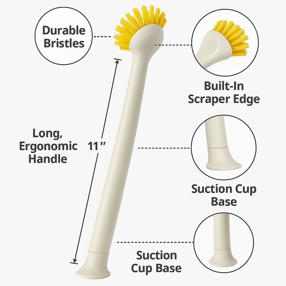 2-Pack Long Handle Dish Brush w/ Scraper & Suction Base – Kitchen Scrub Brush