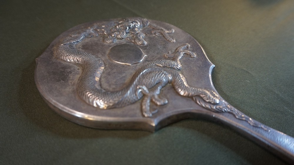 Beautiful 19th~20th Cent. Chinese Export Protruding Dragon Silver Mirror Marked