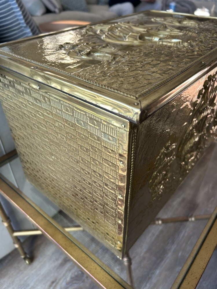 Brass-clad coal box w/embossed sailing ship motif