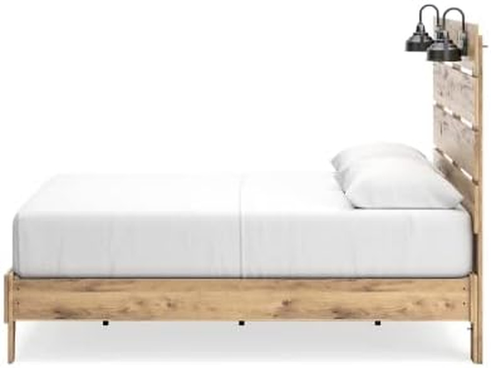 Rustic Queen Headboard with 2 Sconce Lights - Light Brown Finish