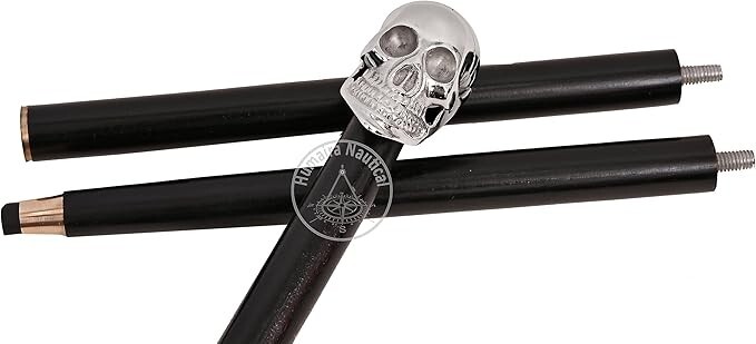 Nautical Solid Brass Silver Skull Head Handle Black Finish Wooden Walking Cane