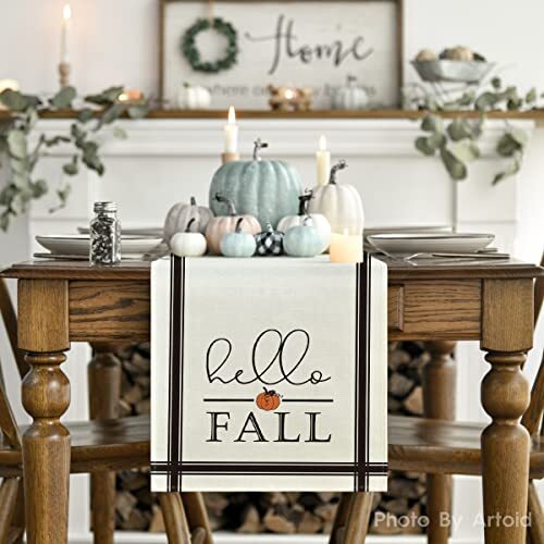 Hello Fall Pumpkin Table Runner, Seasonal 13" x 90", Table Runner Beige
