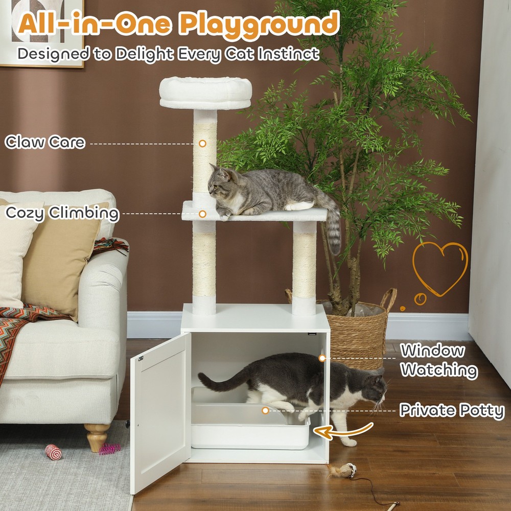 Cat Tree with Litter Box Enclosure, Scratching Posts, Bed, Climbing Platforms