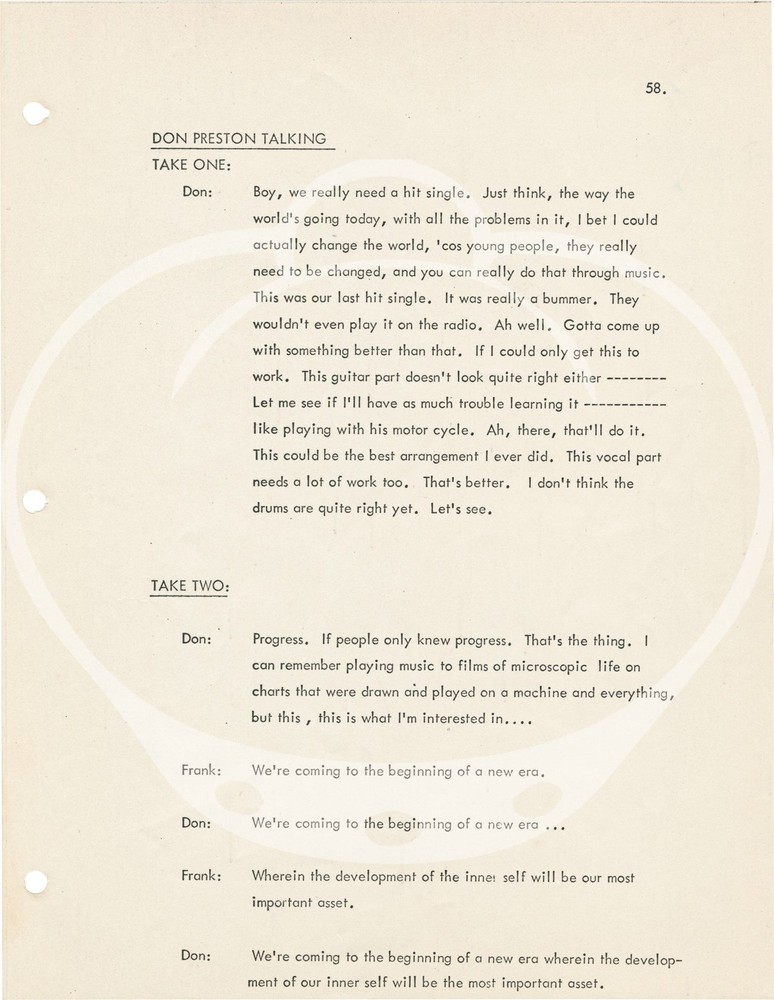 Frank Zappa UNCLE MEAT Original dialogue transcript for the unfinished #152527