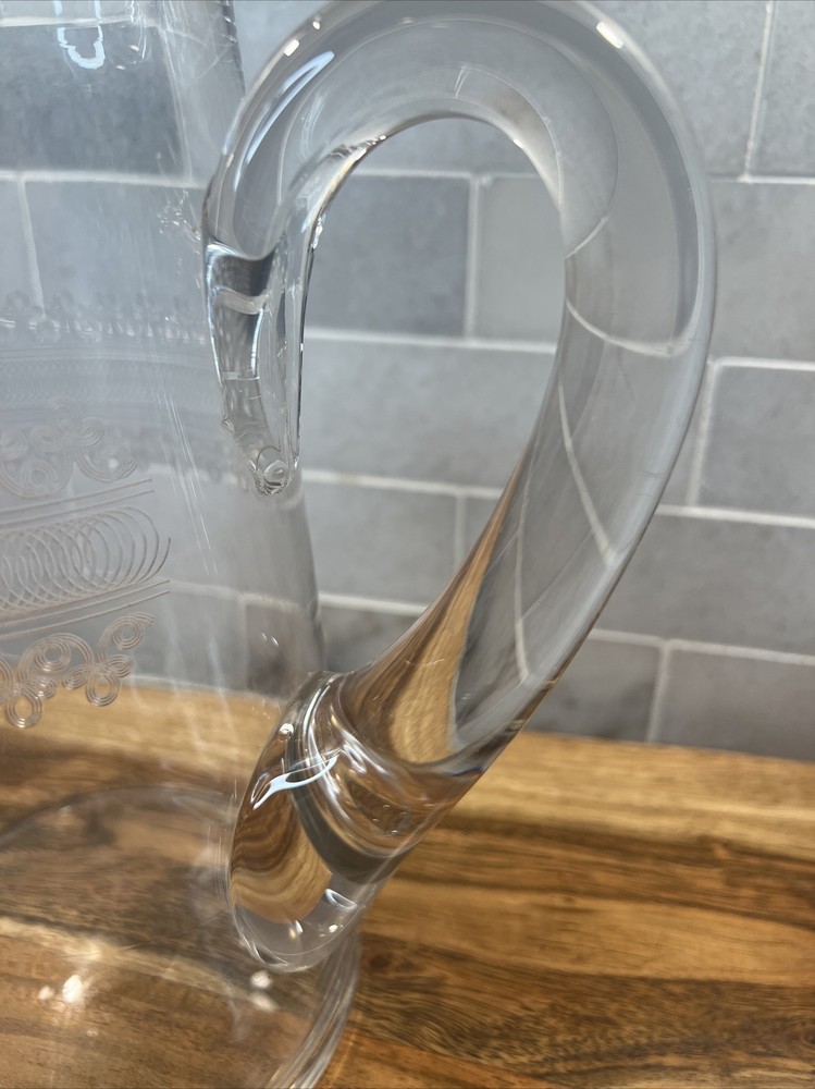 HAND BLOWN CRYSTAL ETCHED PITCHER 48oz OPEN LIP CRYSTAL APPLIED HANDLE
