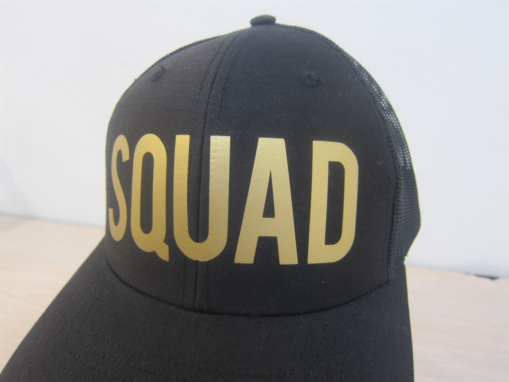 SQUAD ADJUSTABLE SNAPBACK TRUCKER/MESH HAT/CAP, BLACK/GOLD, WEDDING/PARTY