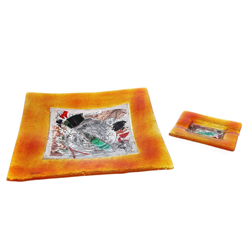 Fused Glass Handmade Rectangular Ashtray, Decorative Smoking Accessory, Orange