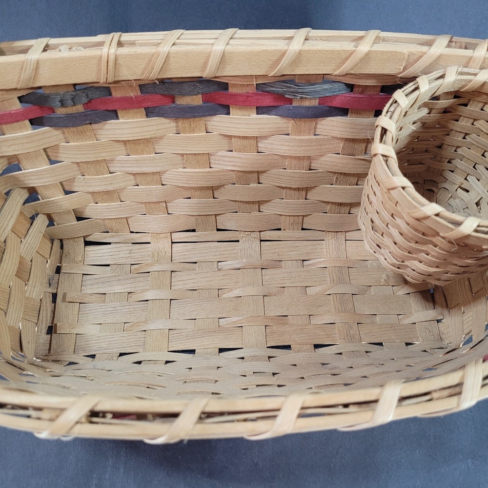 Woven Hanging Basket with Cup Holder Flat Back One Handle Red and blue