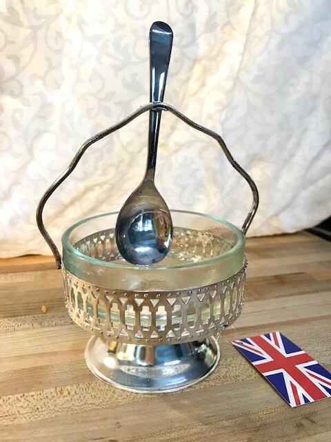 Leonard Silver silverplate and crystal jam dish with spoon, original packaging.