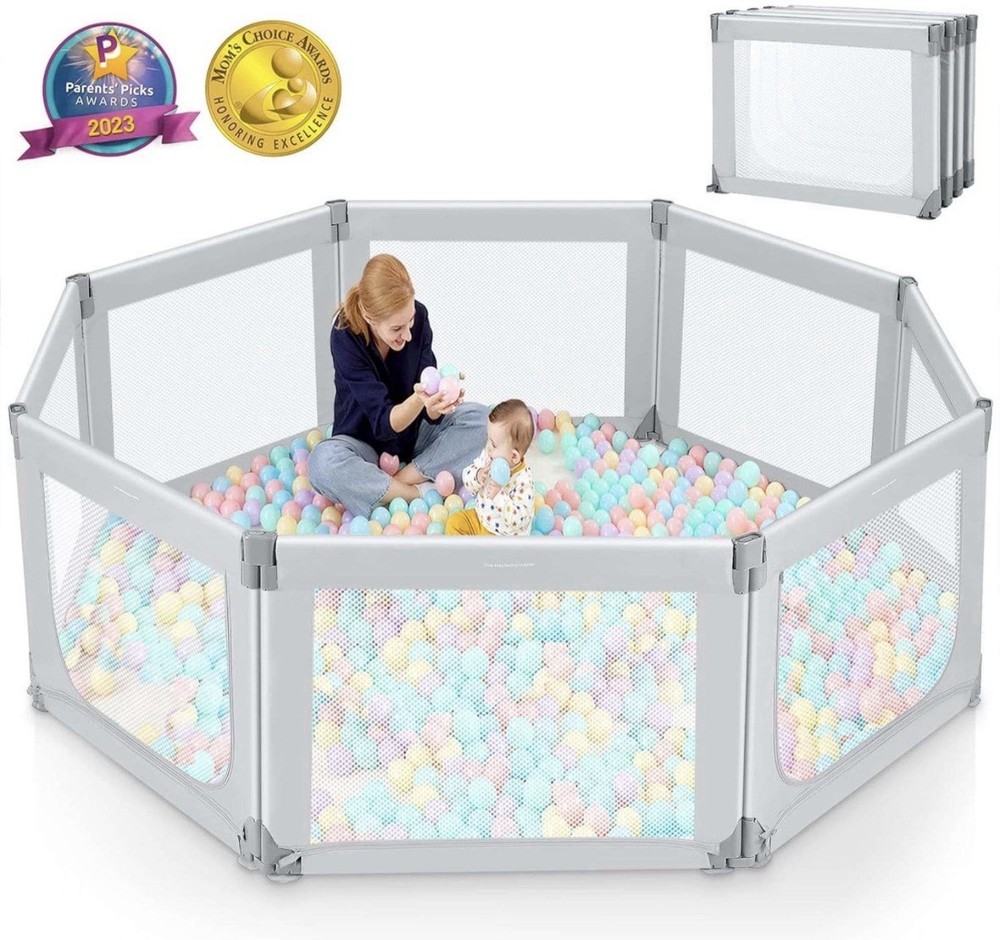 Grey-Foldable Baby Playpen w/8-panel design, 71" 69" Extra Large, NEW!