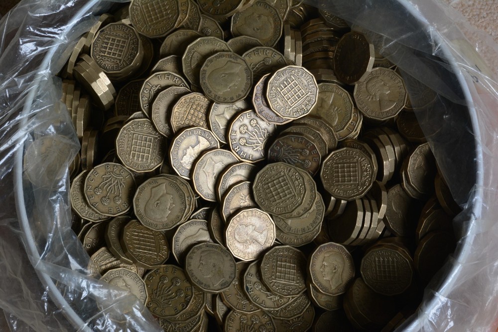 BRASS THREE PENCE OLD COINS X 20