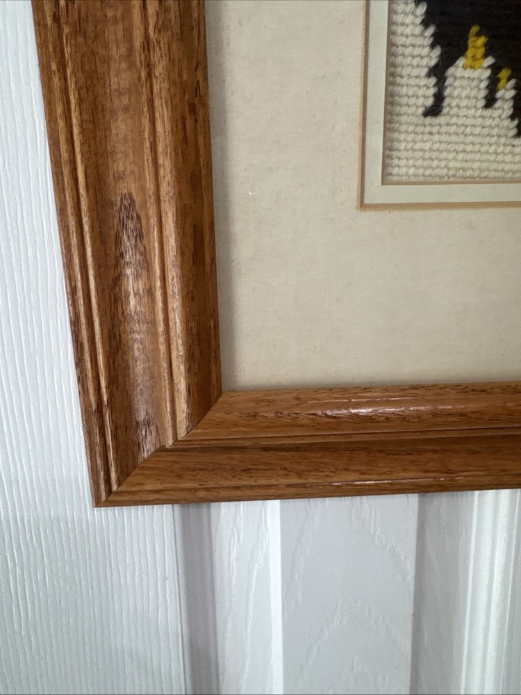 Vintage Apache Native American Oak Frame Glass Needlepoint Embroidery