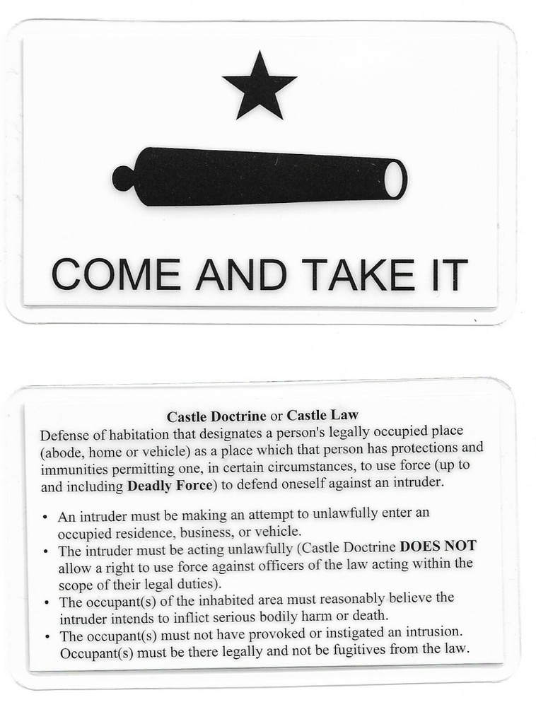 Castle Doctrine Pocket Reference Card, Laminated. Castle Law, Come And Take It