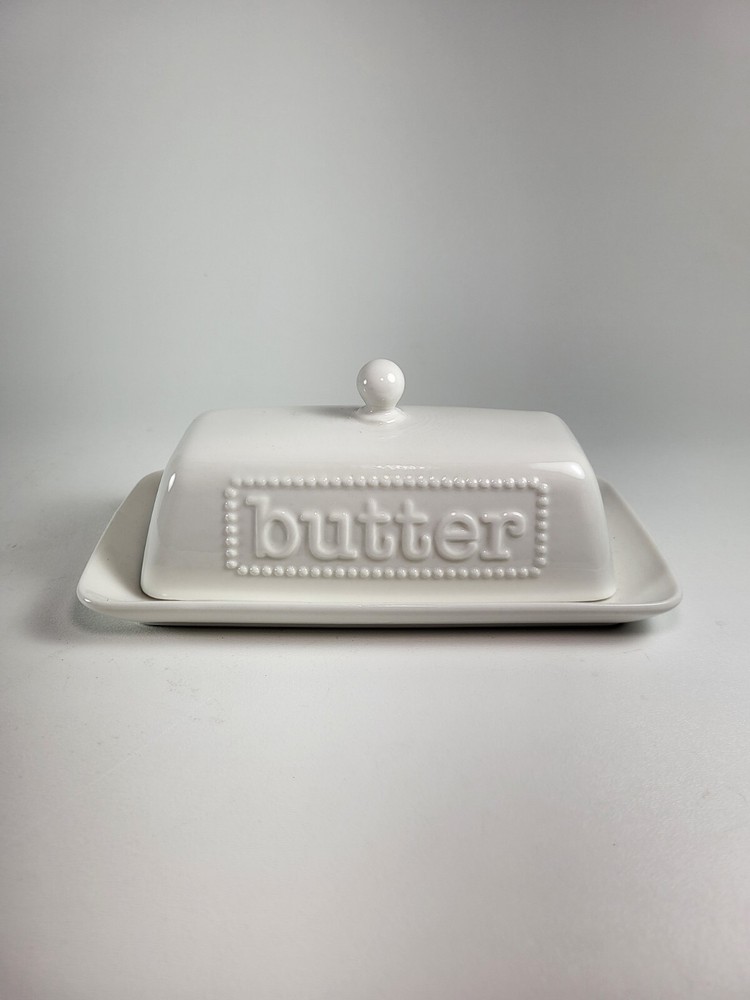 Maison Neuve Ceramic White Butter Dish w/Lid Beaded/Butter Pattern