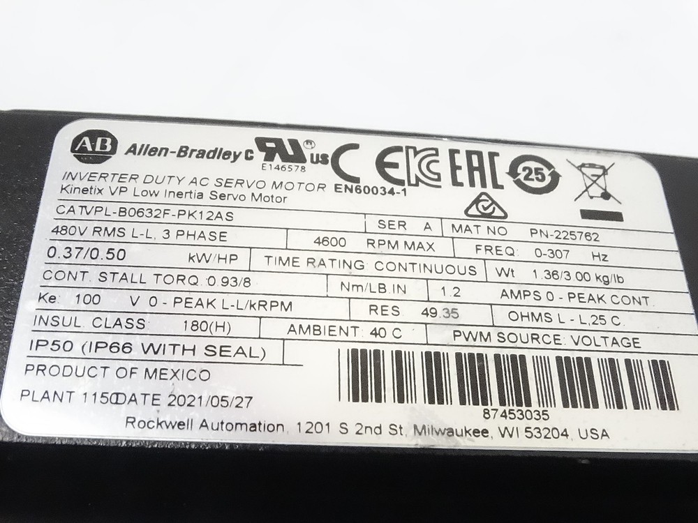 ALLEN BRADLEY VPL-B0632F-PK12AS SERVO MOTOR