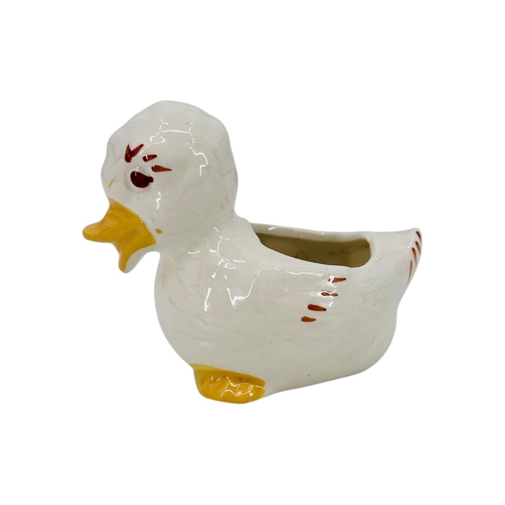 Vintage Ceramic Duck Planter White Yellow Spring Easter Summer 5" 1950's