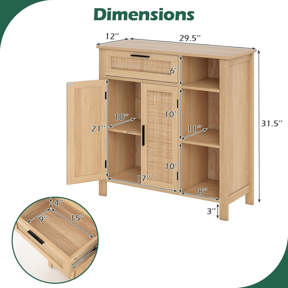 Buffet Cabinet with Storage, Boho Rattan Sideboard with 2 Doors, Drawer, 3 Open