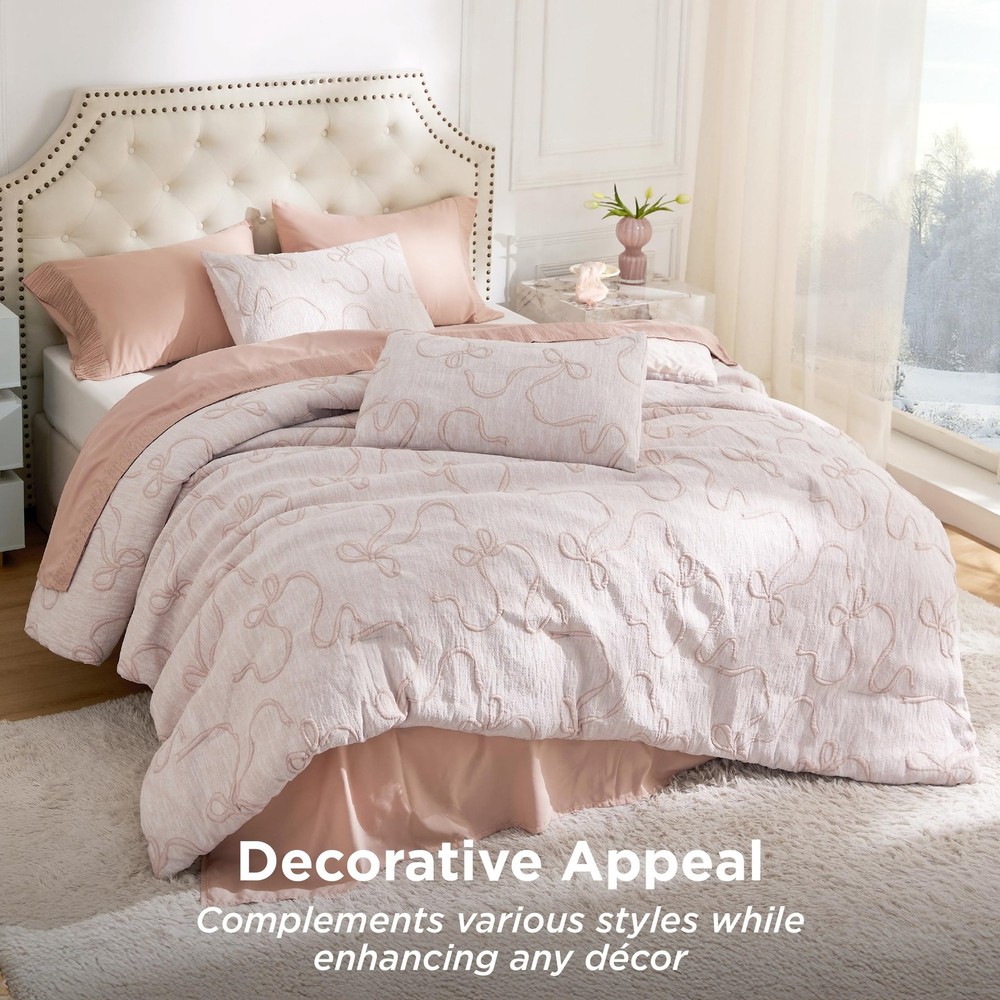 Bedsure Pink Comforter Set Queen, GentleSoft™ 3 Pieces Breathable Bow Comf