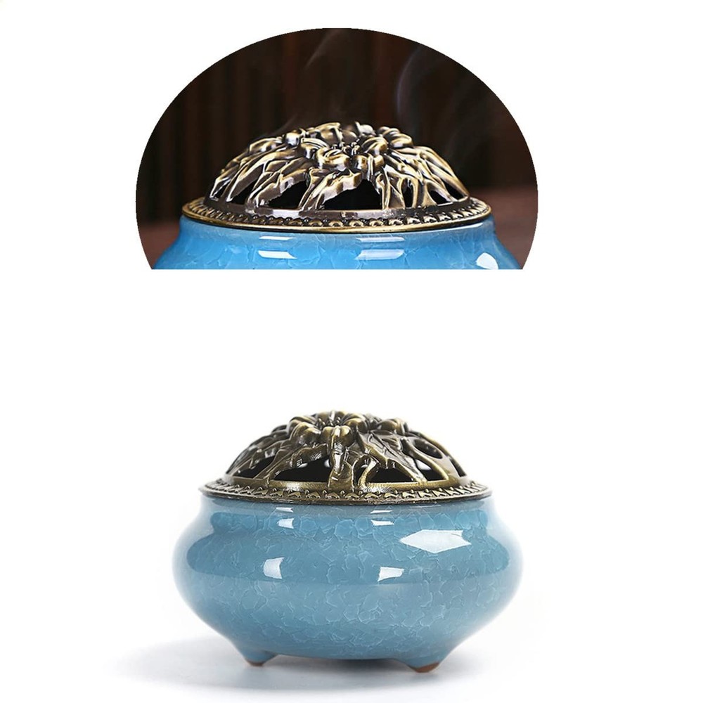 Ceramic Incense Burner, Burner with Lid, Cone Medium, Blue