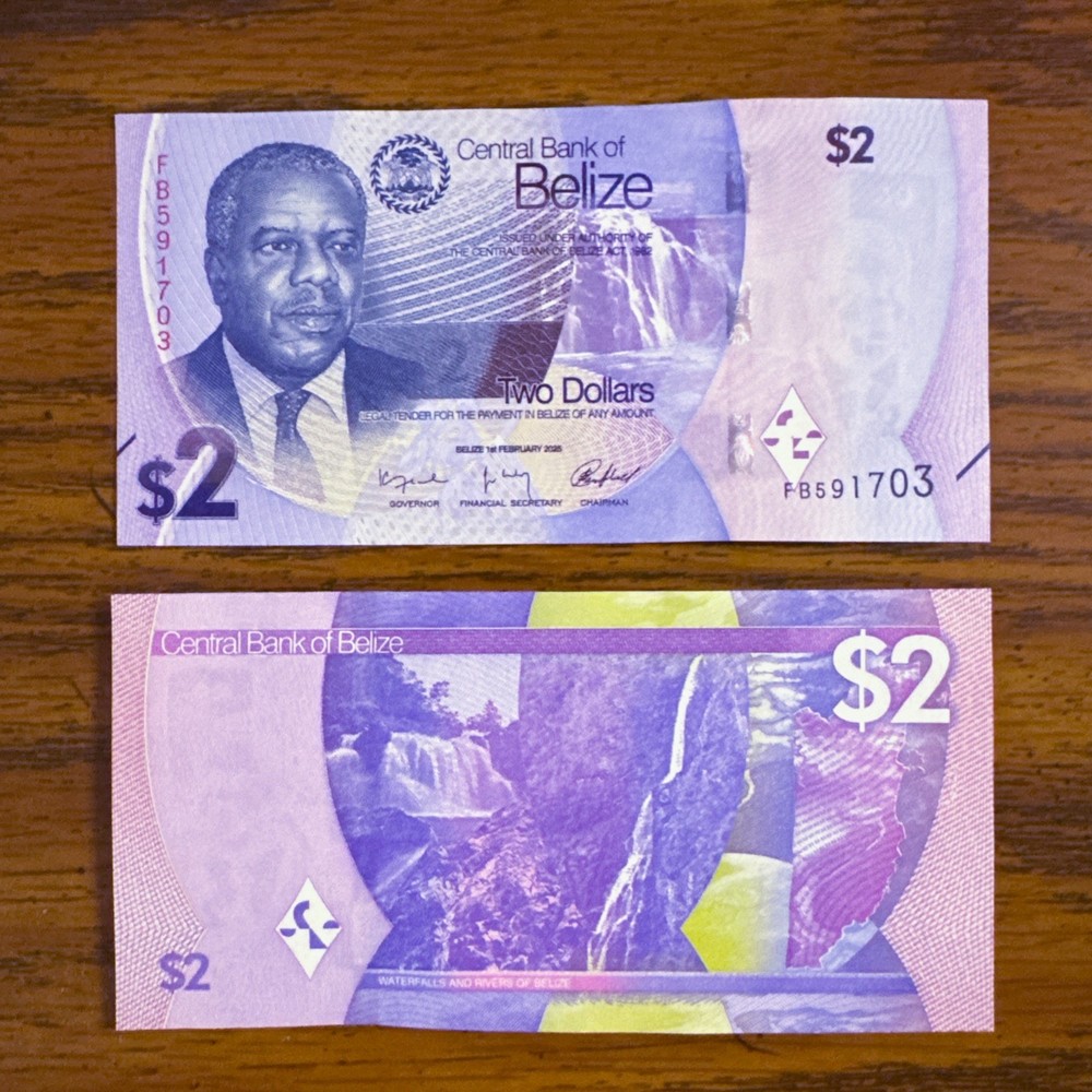 Belize 2 Dollars 2025 UNC Note Prefix: FB