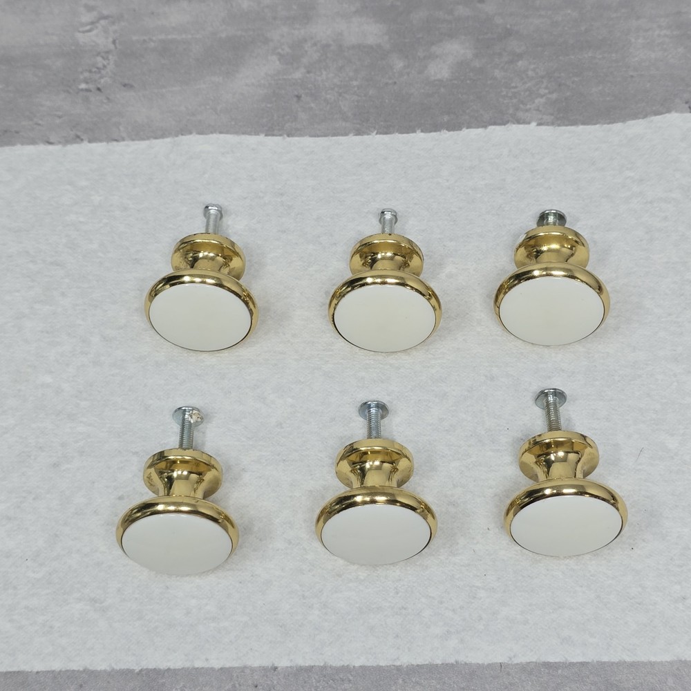 Vtg Porcelain Solid Brass Knob Replacement Cabinet Drawer Pull White Gold 1.25"
