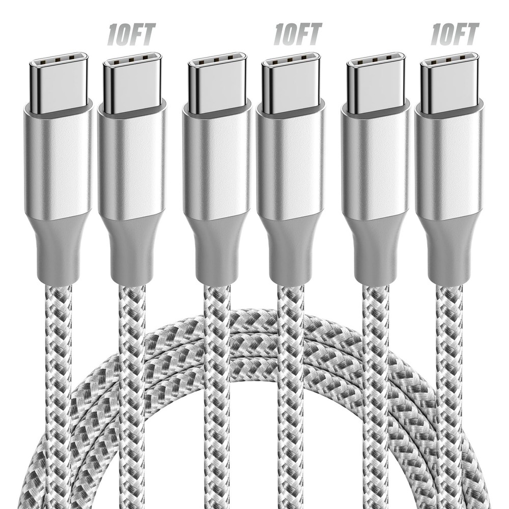 KYEHD USB C Cable，3 Pack 10FT 60W Fast Charging C to C Grey white