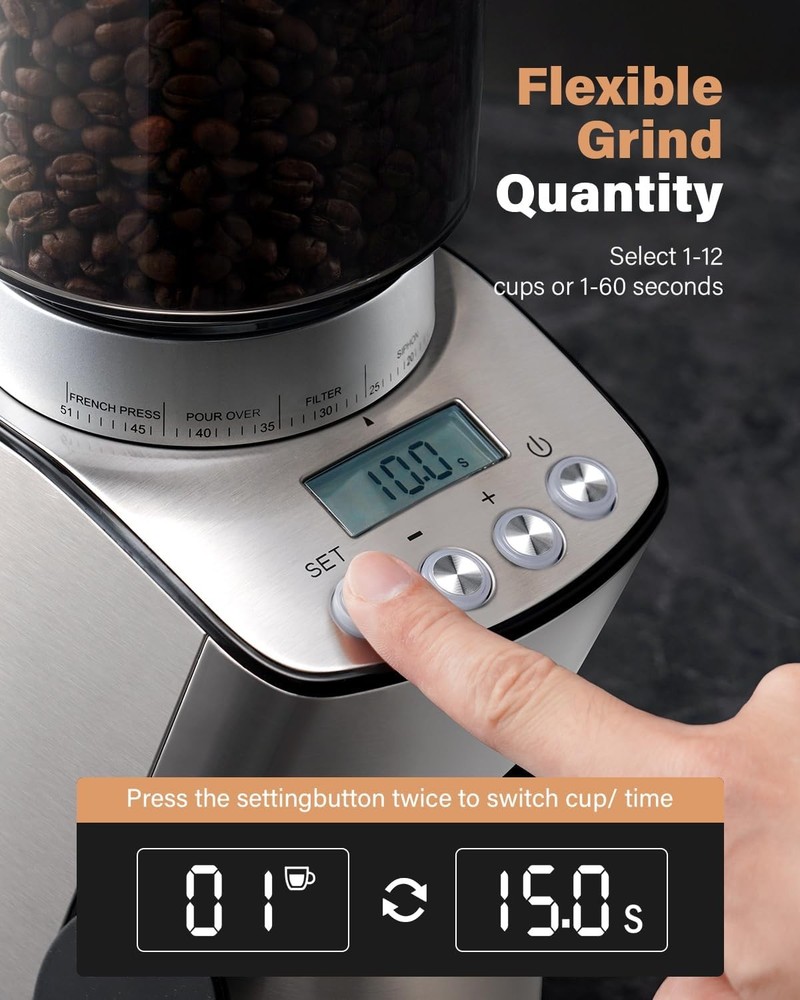 Electric Espresso Grinder Conical Burr 51 Settings Timer