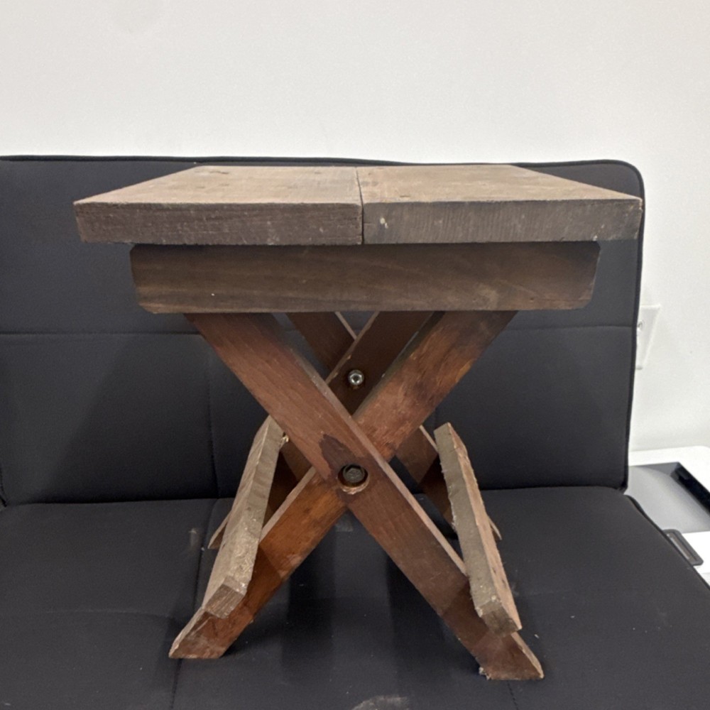 Antique Wooden Folding Stool Brown Rectangle Primitive Bench Unfinished