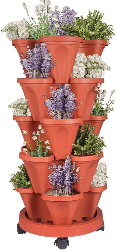 5 Stackable Plastic Strawberry Planter Pot, 1 Base w/Wheels, 1 Shovel, 5 Markers