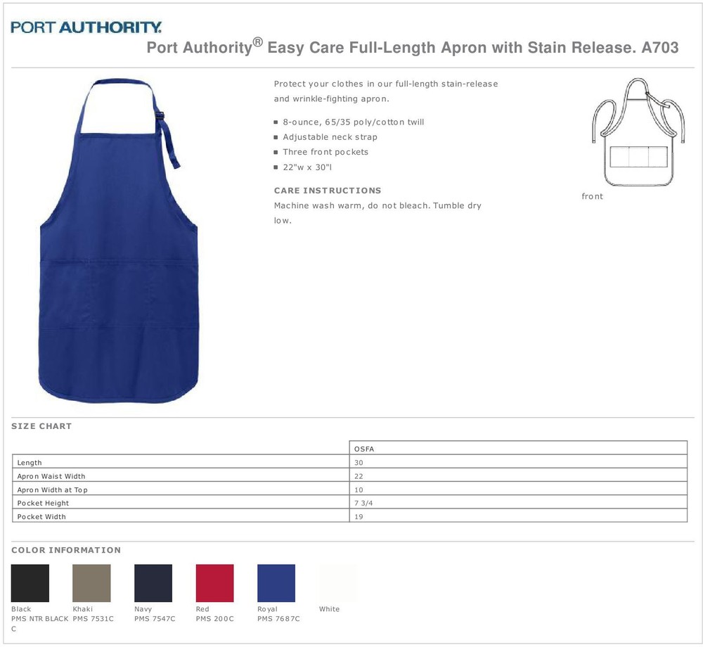 Port Authority Full Length Apron 3 Front Pockets Adjustable Neck Strap A703