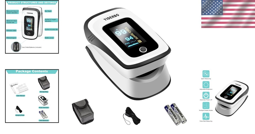 Portable Finger Pulse Oximeter with OLED Display - Includes 2 AAA Batteries