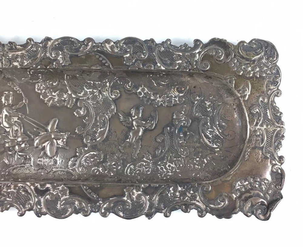 Antique 1893 Samuel Boyce Landeck Solid Silver Putti/Cherubs Embossed Pen Dish