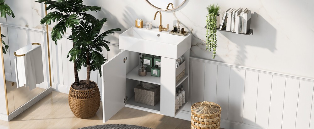 21.6inch Modern Floating Bathroom Vanity with Ceramic Basin Right side storage