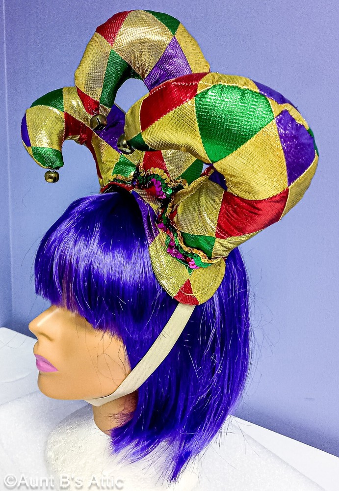 Mardi Gras Jester Headpiece Multi Color Diamond Patterned Lame' & Sequin 3 Point