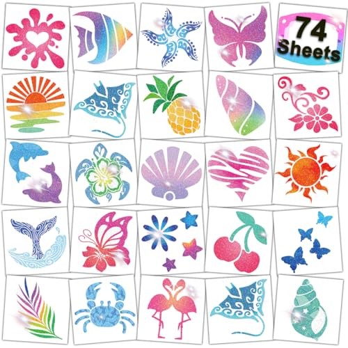 Glitter Temporary Tattoos for Aloha Party Decoration - 74 Individually Sheets