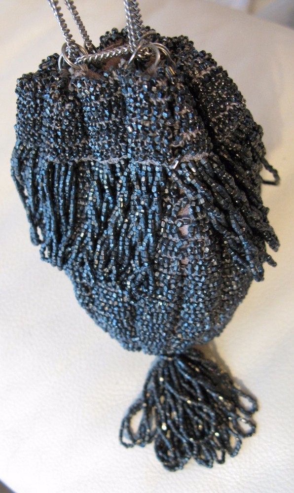 Antique Art Deco Crochet Silver Grey Bead Lined Chain Drawstring Flapper Purse