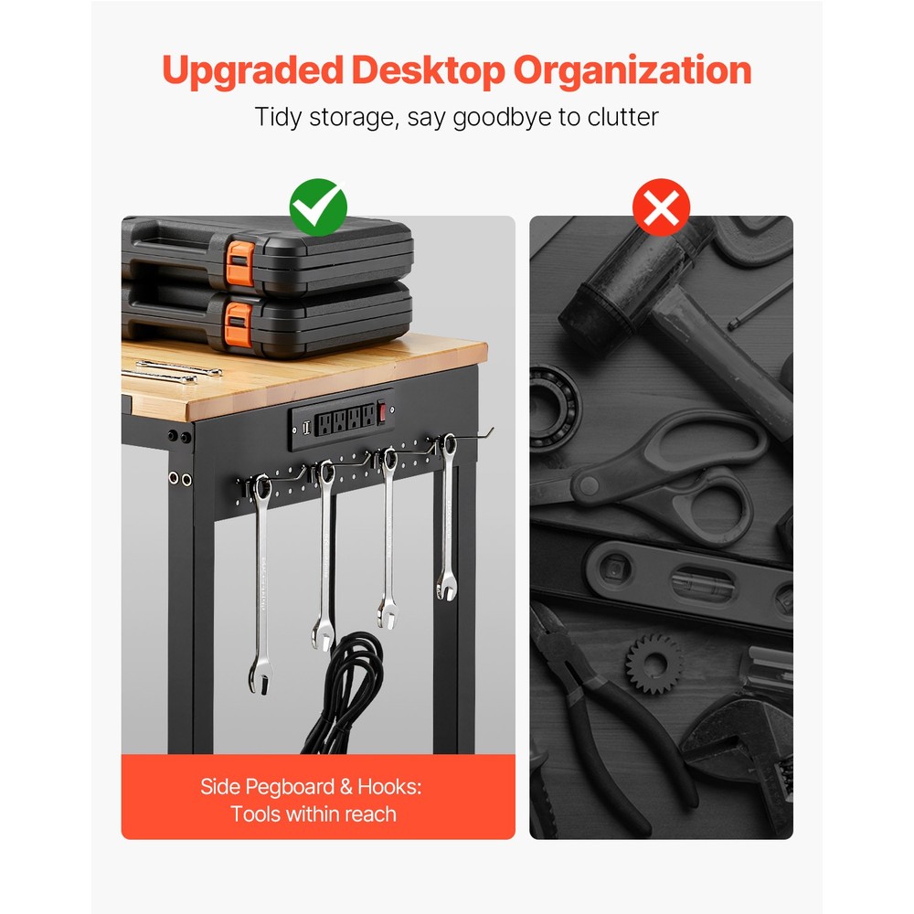 48" Workbench on Wheels Adjustable Height Table with Power Outlet & Pegboard