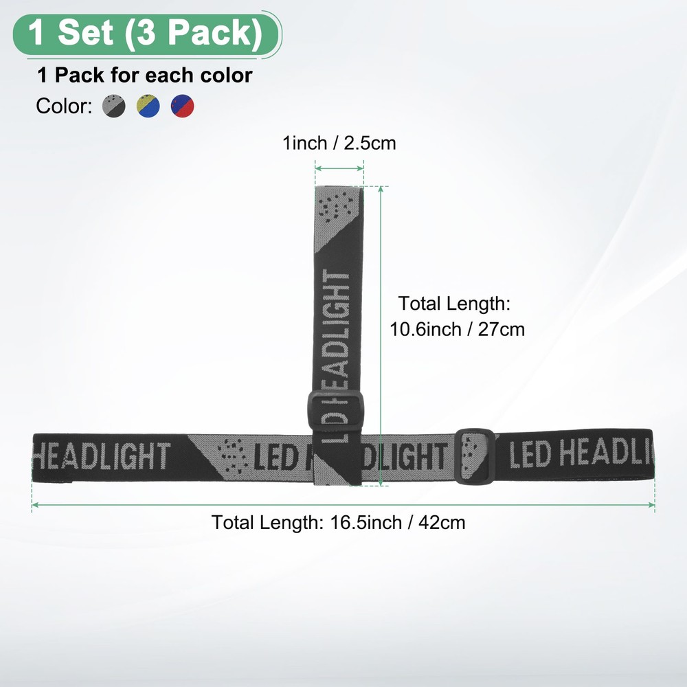 3-Pack Headlamp Strap Replacement Headband, Black Gray,Yellow Blue,Red Blue
