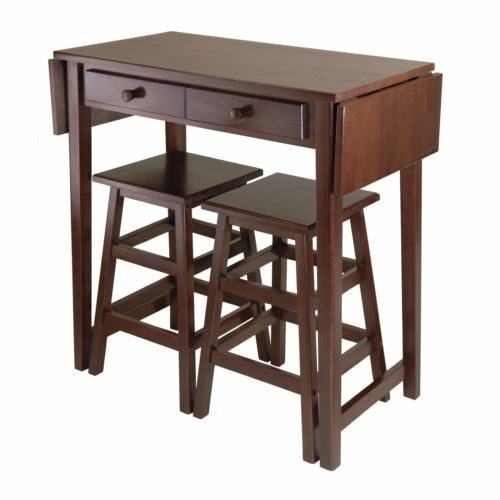 Dark Brown Wooden Kitchen Breakfast Dining Table Stools Set Storage Island Leaf