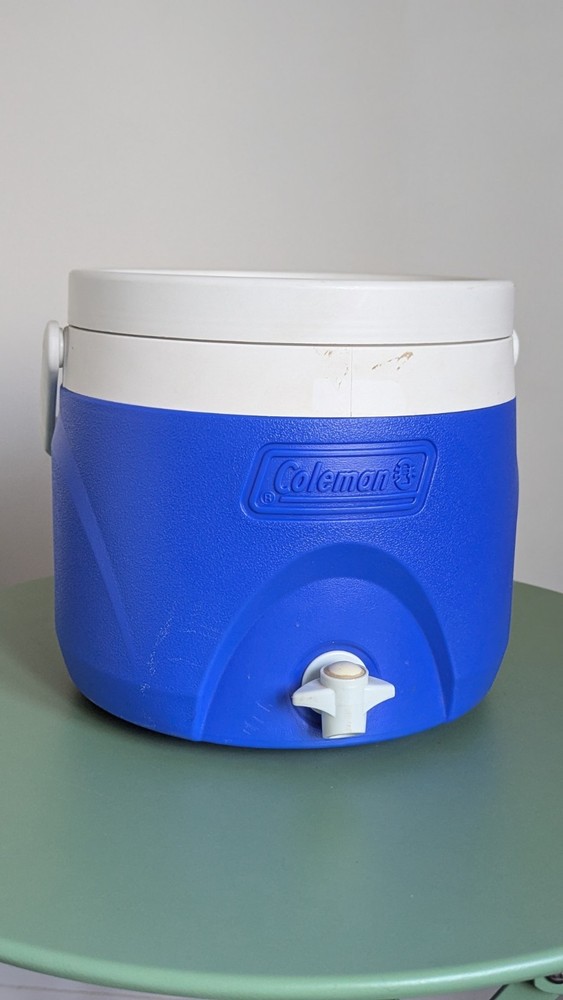 Coleman Stackable Blue White Water Jug Screw-on Lid, cooler.