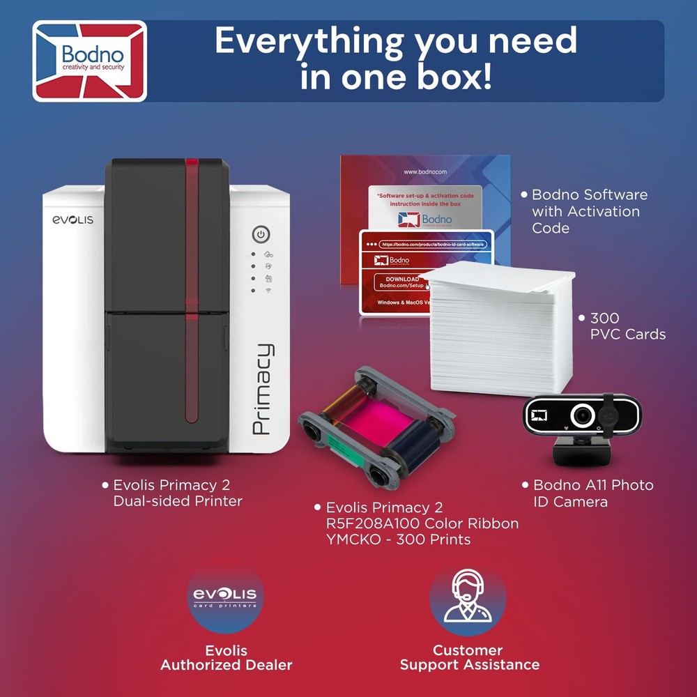 Bodno Evolis Primacy 2 Dual Sided ID Card Printer & Complete Supplies Package